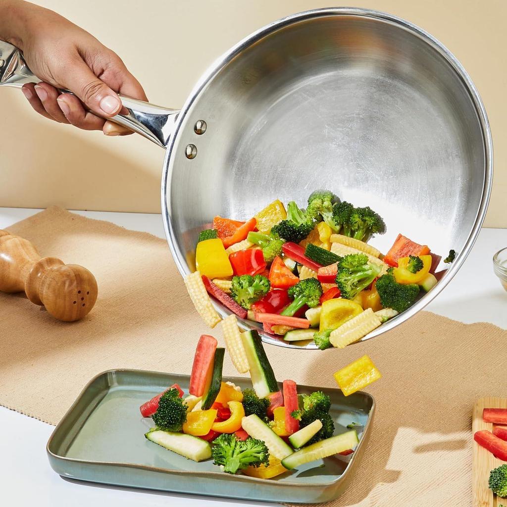 Набор посуды из трехслойной нержавеющей стали, 2 предмета (Кадхай/Вок с крышкой-24 см, Сковорода-24 см) Подходит для индукционных и газовых плит