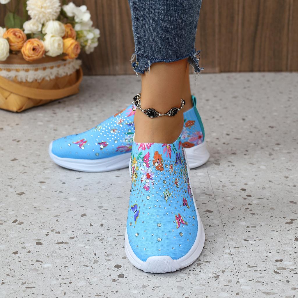 Plus Size Women's Shoes Spring Breathable Sports Casual Shoes Rhinestones Rainbow Shiny Fly Knitted Shoes Platform Running Shoes Women