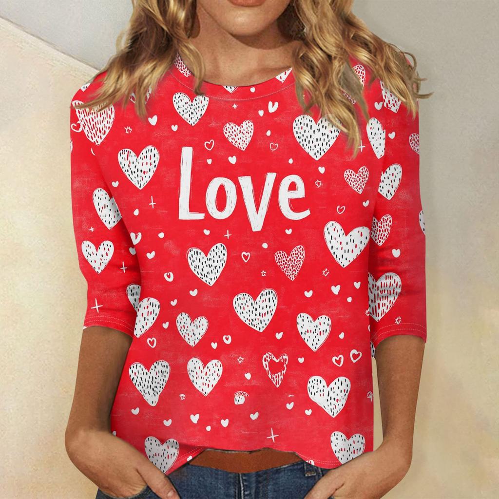 Женские топы с рукавом три четверти и круглым вырезом, свободная футболка с принтом ко Дню святого Валентина