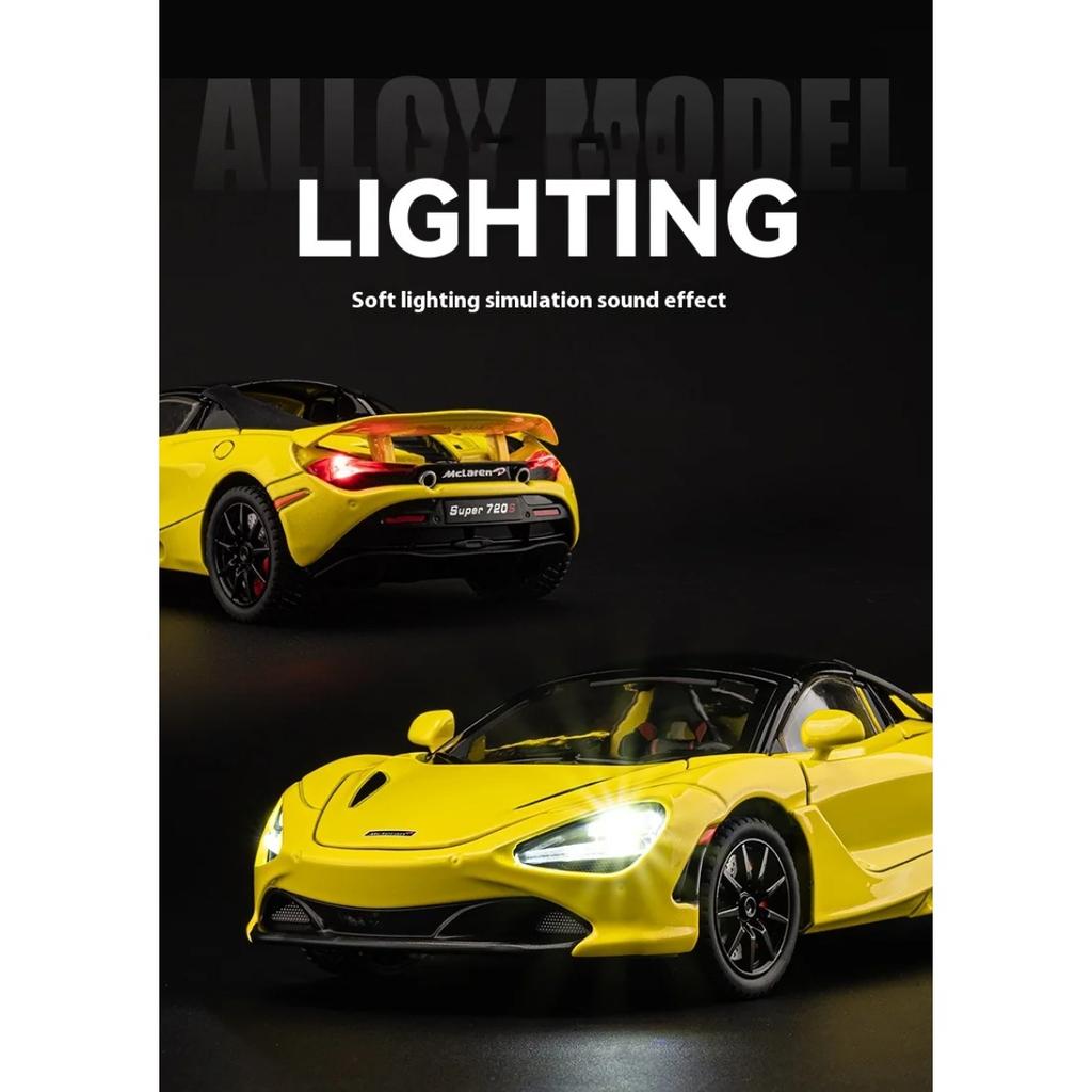 Модель спортивного автомобиля McLaren 720S Alloy Sport Car 1/24 с четырьмя колесами и функцией амортизации, подойдет в качестве подарка на праздник для детей