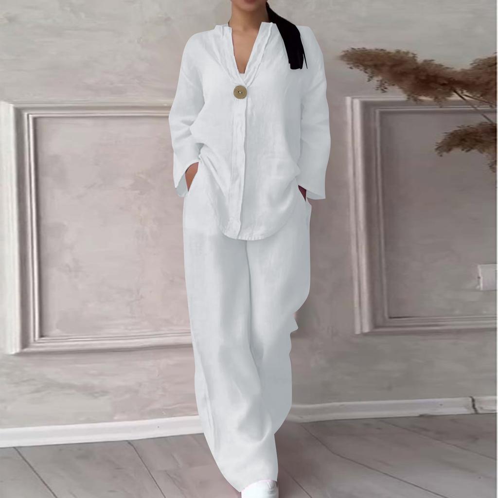 Женский пуловер с круглым вырезом и v-образным вырезом, повседневные длинные брюки из хлопка и льна с длинными рукавами, модный костюм