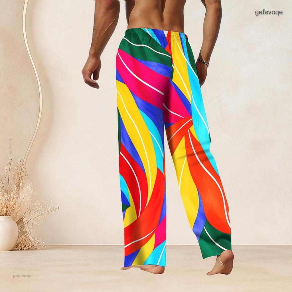 Men s Plus Size Blue White Printed Drawstring Waist Straight Leg Full Length Beach Pants With Pockets