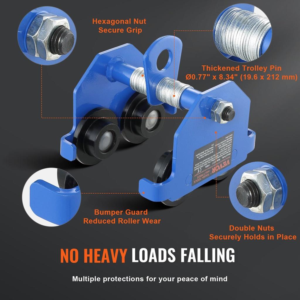 Manual Trolley, 1100 lbs/0.5 Ton Load Capacity Push Beam Trolley with Dual Wheels, Adjustable for I-Beam Flange Width 63.5-139.7 mm, Heavy Duty Alloy