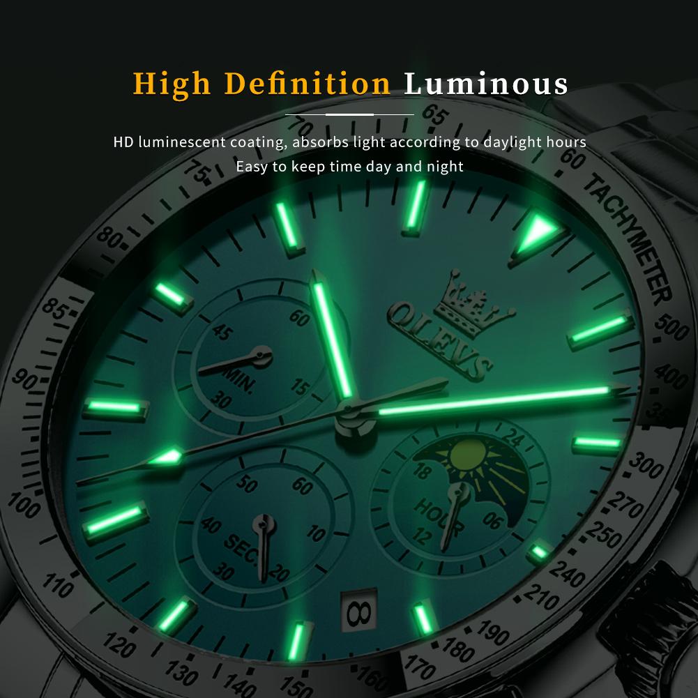 OLEVS 3618 Новые Модные Кварцевые Часы Светло-Голубого Цвета Мужские Нержавеющая Сталь Водонепроницаемые Люминесцентные Дата Фаза Луны Хронограф Мужские Часы