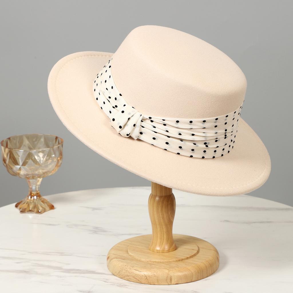 Retro polka dot elegant flat top hat women's autumn and winter flat edge retro versatile jazz hat beige socialite style felt hat