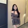 Gray Fake Two-piece Long-sleeved Dress for Women In Autumn Pure Sexy Retro Hot Girl Design Waistband Short Skirt