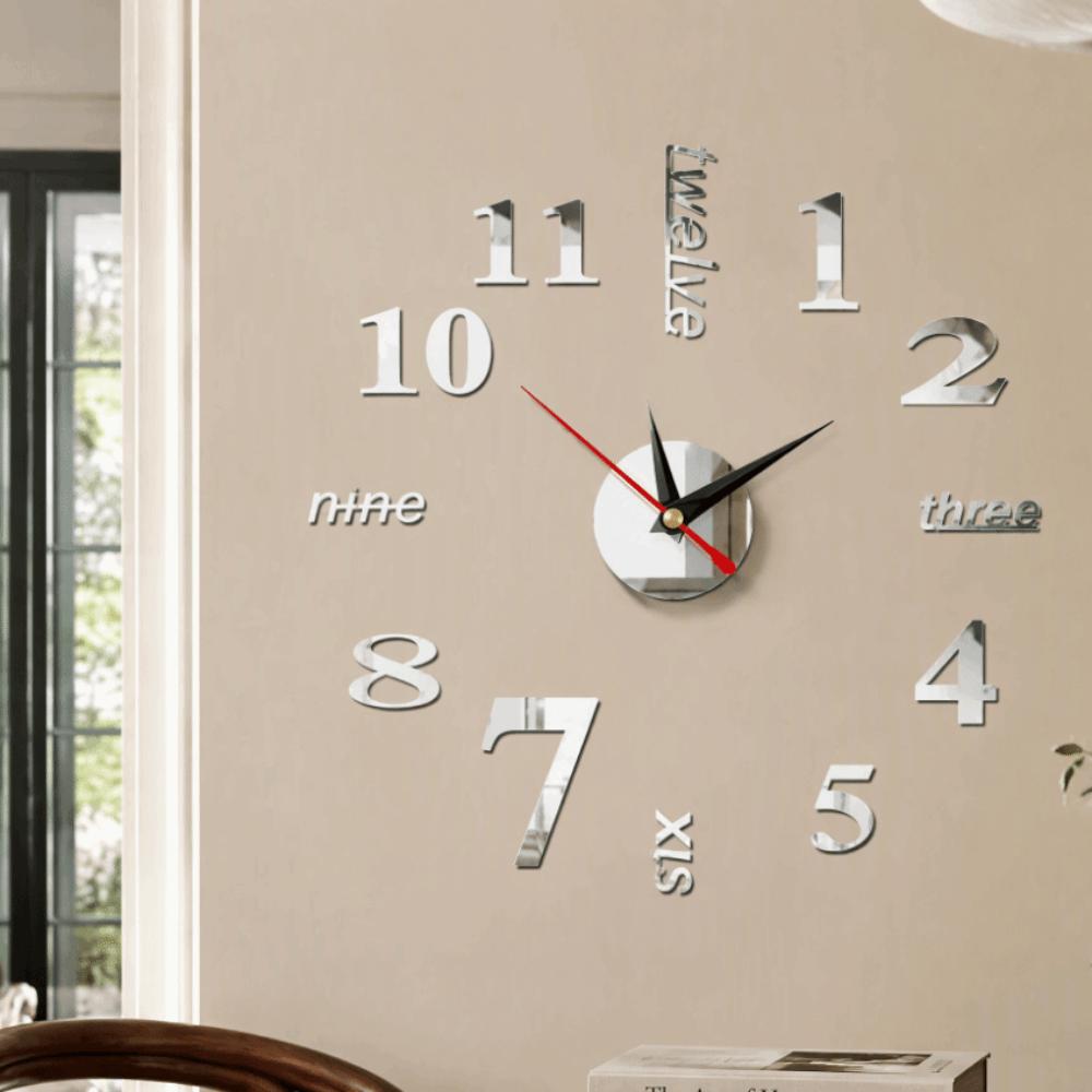 3D Mirror Surface DIY Wall Clock Silver Frameless Wall Clock 3D Wall Clock  Bedroom Wall Decor