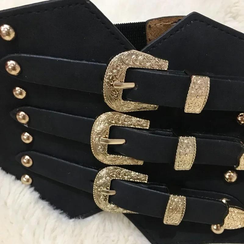 Модный женский широкий пояс Новый металлическая пряжка Эластичный пояс Кожаная заклепка Ультраширокий пояс для женщин Эластичный Толстый пояс на талию Платье