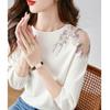 Three Quarter Sleeve Hollow Knit Sweater for Autumn Women Sweet Fresh Floral Slimming Round Neck Pullovers & Long Sleeves