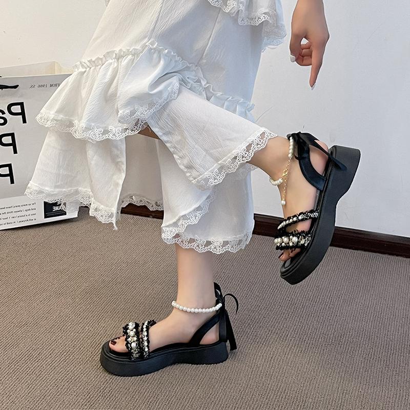 Fashion Women's Sandals Summer New Thick Bottom Round Head Open Toe Pearl Buckle Sandals Casual Fashion Soft Sole Non-slip Sandals