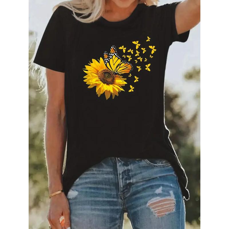 Funny 3D Sunflower Print T Shirt For Women Summer Hot Sale Black T-Shirts Casual O-neck Short Sleeve Top Fashion Trend Girl Tees