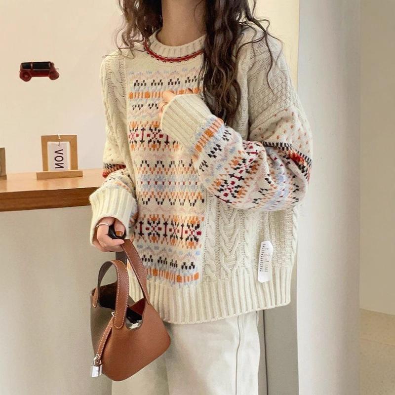 Винтажный трикотажный пуловер с круглым вырезом, женский осенне-зимний новый свободный повседневный трикотажный свитер «Фэр-Айл» женский