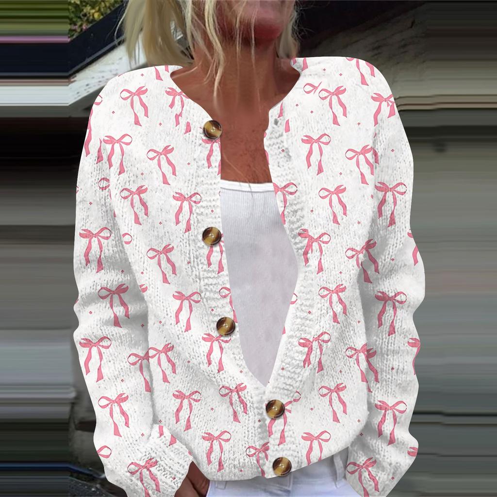 Женская мода с принтом банта, длинный рукав, вязаный кардиган, куртка на пуговицах