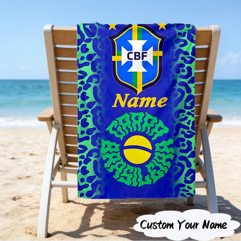 Custom Name Beach Towel Brazilian Football Championship Beach Towel, Suitable for Camping, Travel, Beach Accessories, Super Absorbent, Family Gift