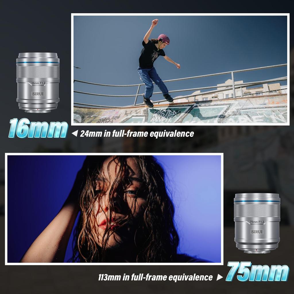 SIRUI Sniper 75mm Autofocus Lens Wide Angle Camera Lens for A5 A6 A7 FX A9 Series 16mm, Set, F1.2 APS-C ZV-E (E Mount, Silver)