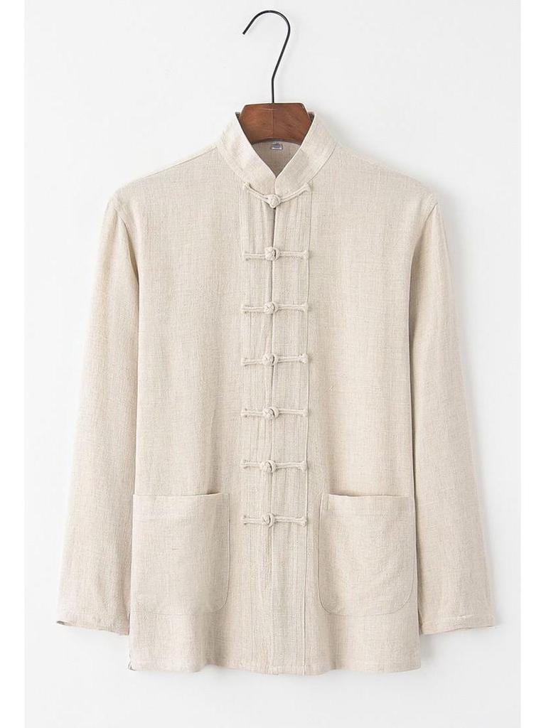 Мужской хлопково-льняной костюм Тан с длинным рукавом: Ретро китайский стиль, свободный крой для среднего и пожилого возраста, идеально подходит для тай-чи.