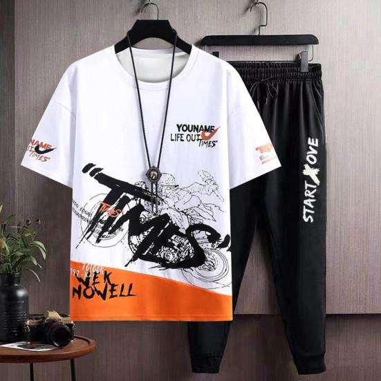 2Pcs/Set Men Letter Print O-neck Short Sleeve T-shirt Elastic Waist Drawstring Sweatpants Set Sport