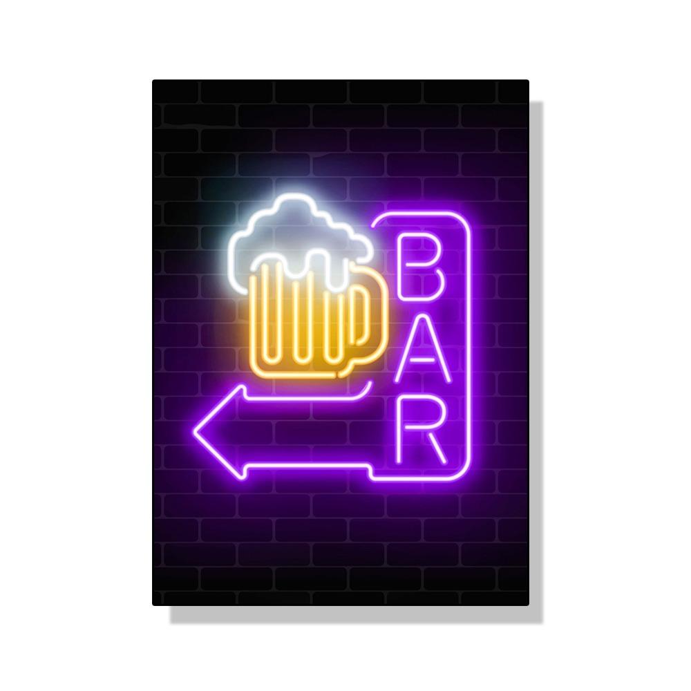 Неоновый эффект Пиво Happy Hour Паб Плакат Печать Холст Картина Настенная картина Для Бара Гостиная Домашнее украшение БЕЗ СВЕТОДИОДОВ
