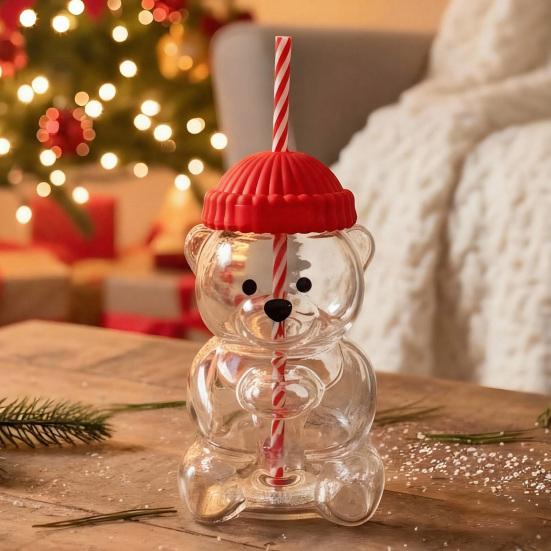 Bear Glass with Straw Thermal Resistant Cup for Coffee Beer Cocktails Cute Drinking Glass for Hot & Cold Beverages