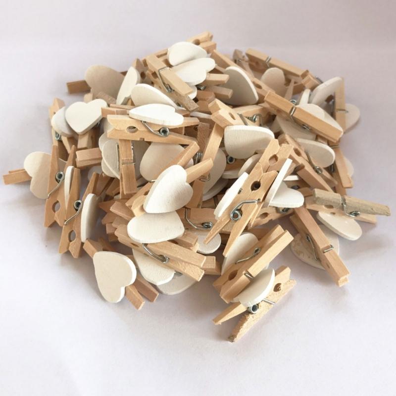 50PCS MultiFunctional Colorful Cute Small Clips Simple Mini Photo Clip Wooden Clips Small Love Heart Pegs Clothespin