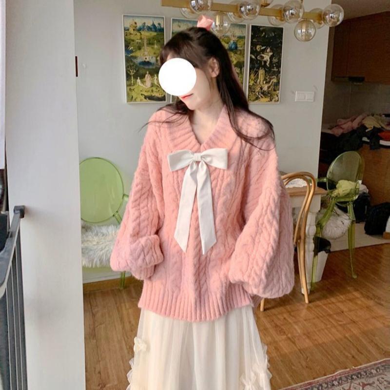 Розовый свободный свитер-пуловер с V-образным вырезом и галстуком-бабочкой, женский осенне-зимний вязаный свитер с длинным рукавом, женские повседневные однотонные теплые джемперы 25263