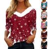 Women's T Shirt Tee Christmas Print Shirt Three Quarter Sleeve Party Christmas Fleece Collar V Neck  Top