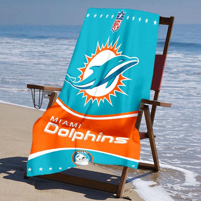 proof beach towel with Miami Dolphins logo pattern - soft,absorbent,quick-drying,machine washable - perfect for swimming,camping,bathing