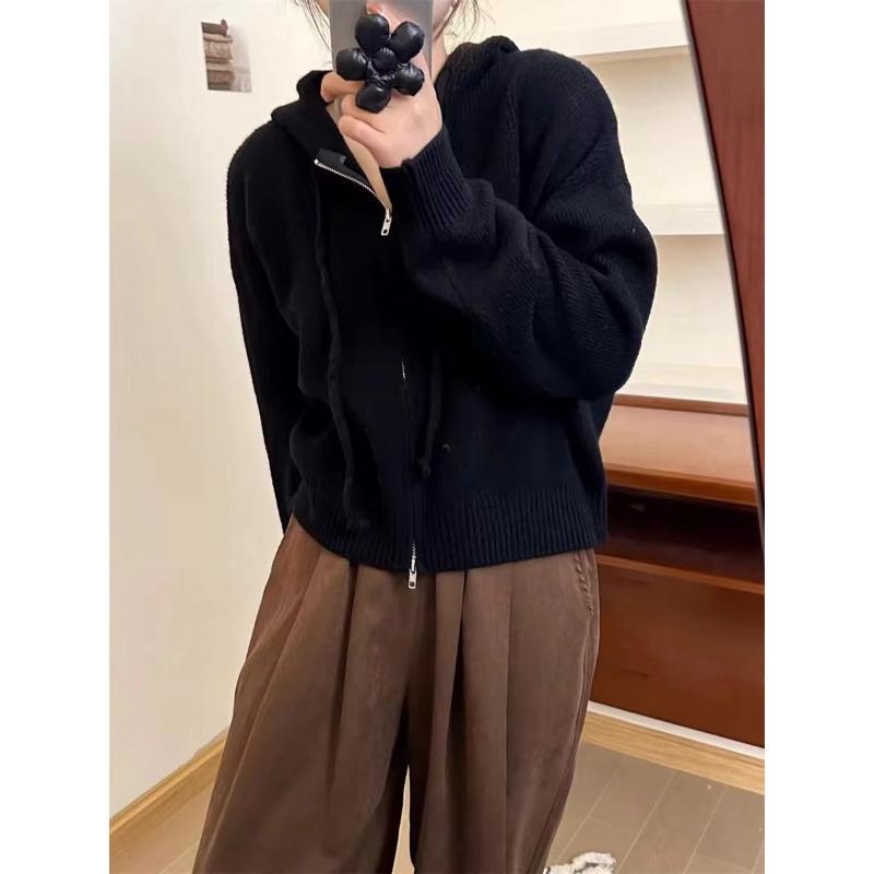 Однотонный вязаный кардиган с капюшоном на двойной молнии, женский осенне-зимний, новый, свободный, повседневный, простой свитер-куртка