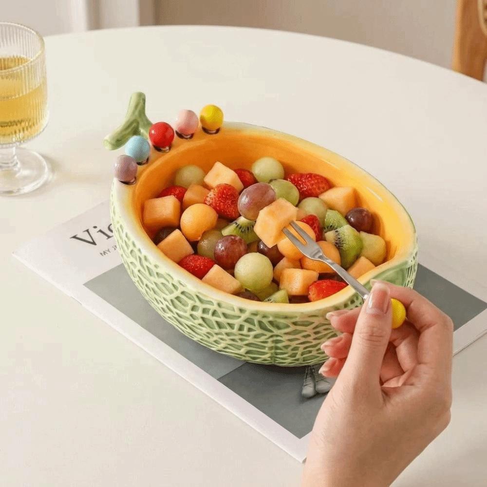 Ceramics Fruit Serving Plate Hami Melon Shape Snack Plate with Fork Dessert Serving
