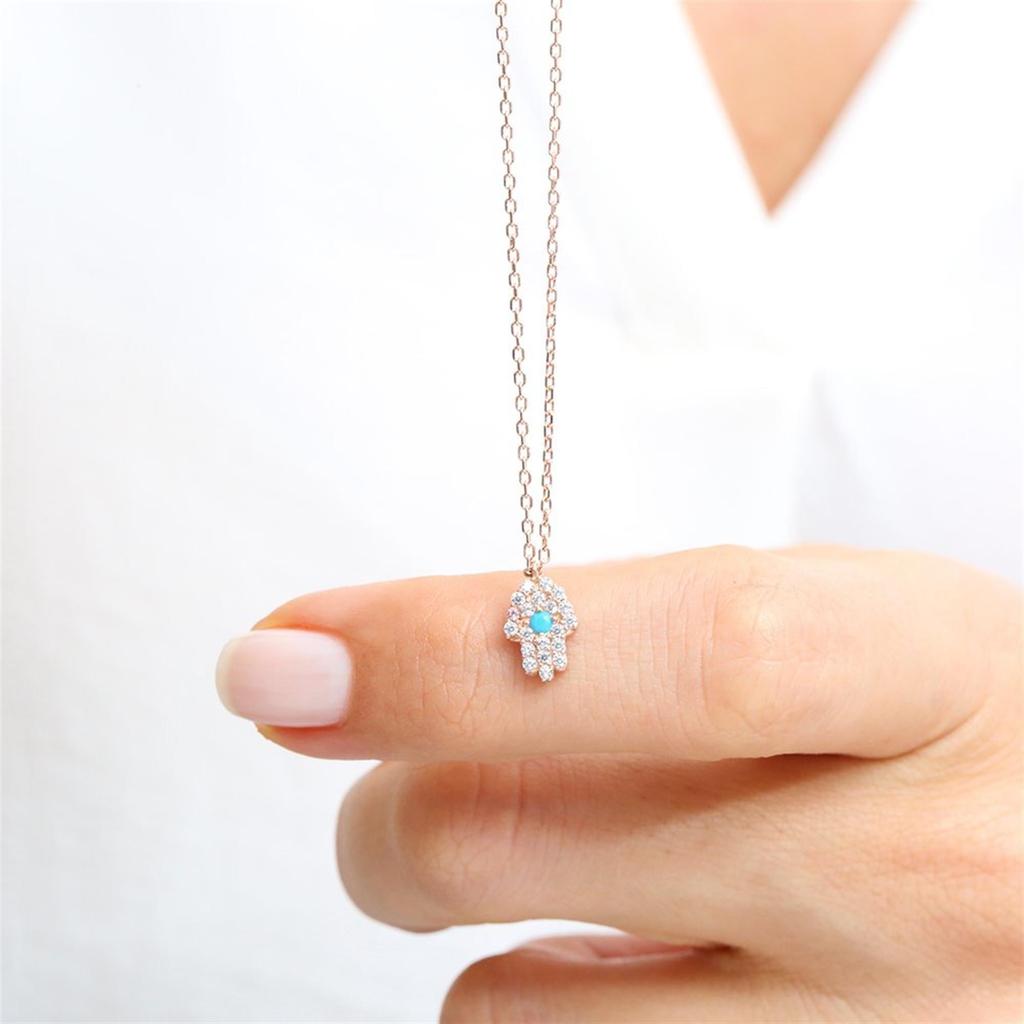 Firuze Detail Sparkling Fatima Hand Rose Color Silver Necklace
