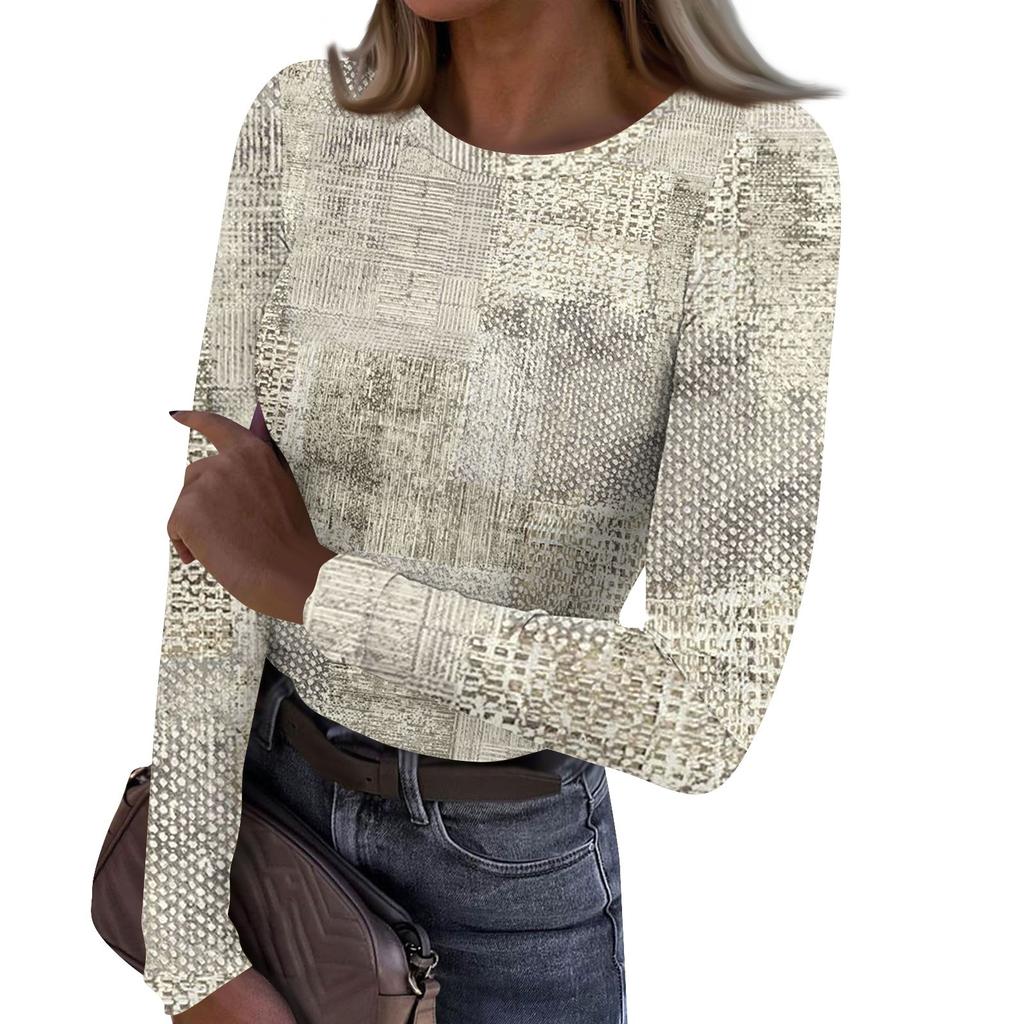 Женская и зимняя футболка с тонким низом, модная повседневная футболка с круглым вырезом и принтом, длинный рукав