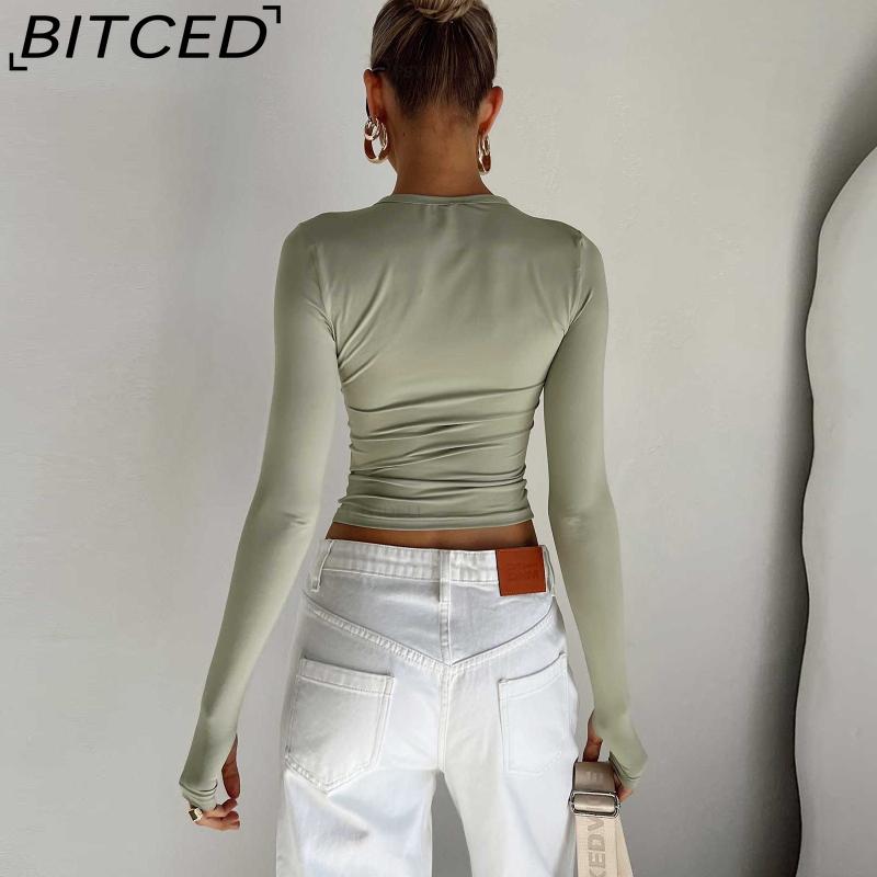 BITCED Женская весенне-осенняя футболка однотонная с круглым вырезом Базовый слой облегающий с длинным рукавом