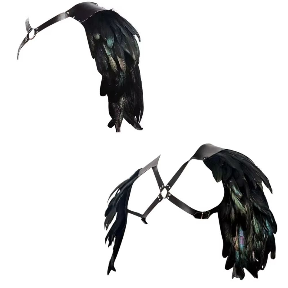 Black PU Leather Gothic Shoulder Armor Double Shoulder Feather Shoulder Armor Medieval Cosplay