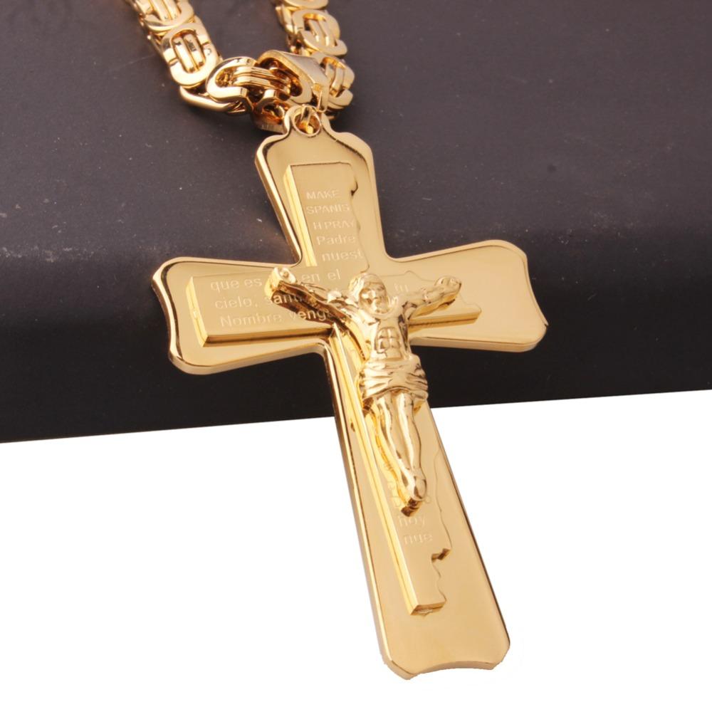 Good Quality Stainless Steel Jesus Cross Pendant Necklaces with Heavy Link Byzantine Chain Men Boys Christian Necklace