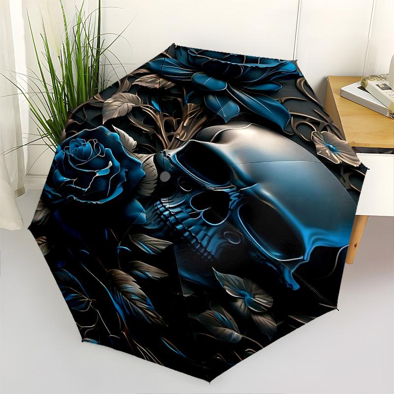 Skull Roses Themed Automatic Opening and Closing Umbrella, Brightly Colored 8 rib Portable Umbrella, Suitable for Men and Women, A Perfect G