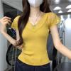 Летняя узкая и тонкая универсальная футболка с коротким рукавом женская мода кружево V-образный вырез кружевная вставка стиль чистой страсти топ тренд