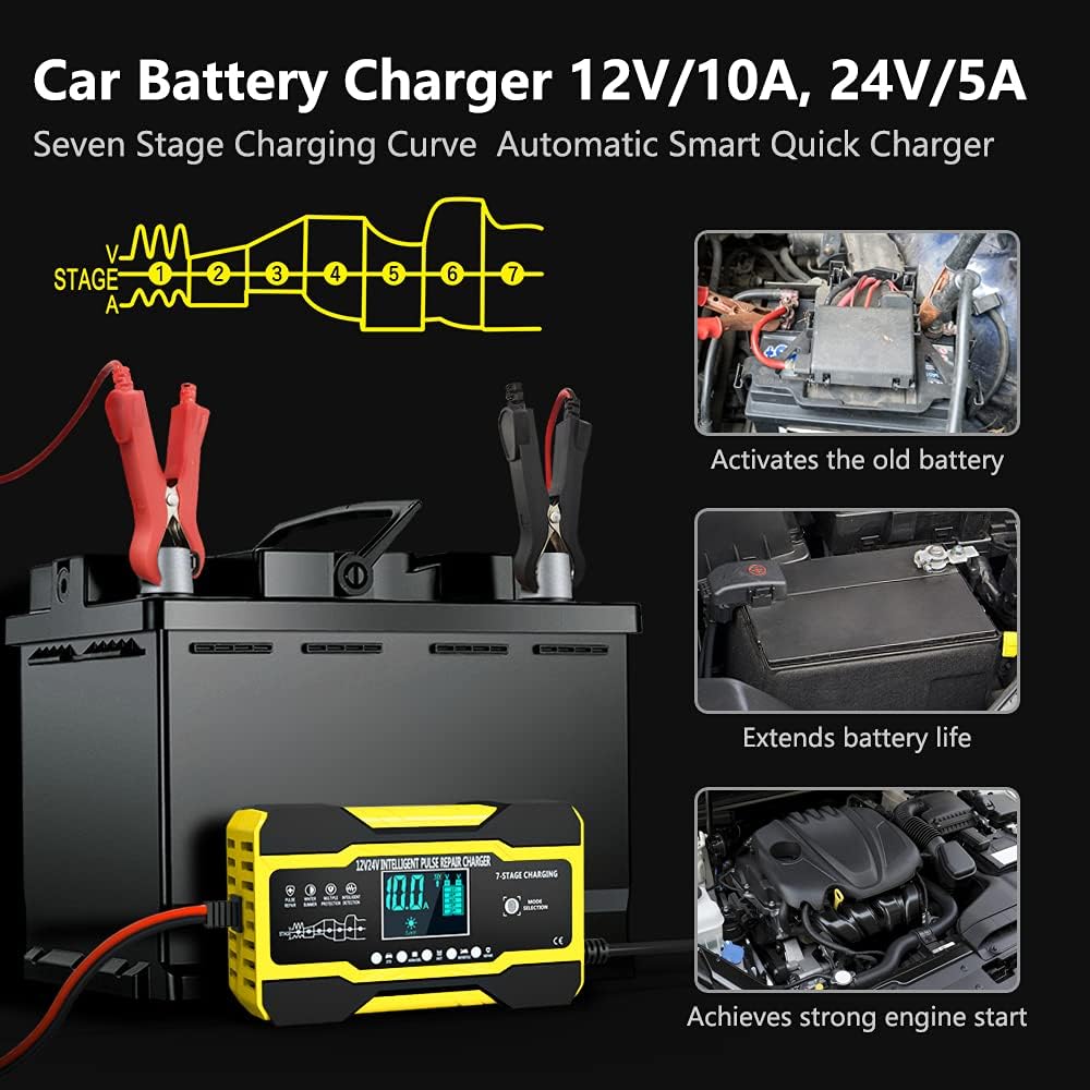 10-Amp 12V Car Battery Charger, 24 Volt 5A Fully-Automatic Battery Charger with LCD Screen Pulse Repair
