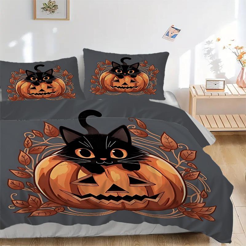 3pcs Pumpkin and Flowers Cat Bedding Set - Includes Quilt Cover and Pillowcases, Suitable for All Seasons N077