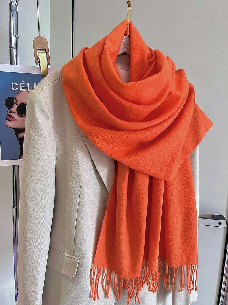 Versatile Fringed Solid Color Wool-Like Scarf For Women 2023 New Autumn Winter Prom Red Scarf Wholesale Warm Shawl