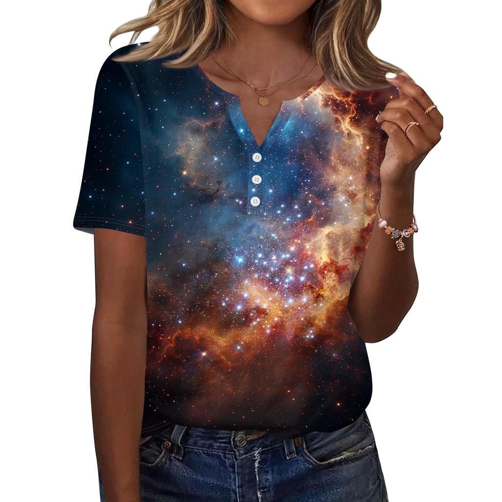 Жен. Футболка С принтом Пуговицы С короткими рукавами Повседневные Выходные Мода Классический V-образный вырез Обычный Верх