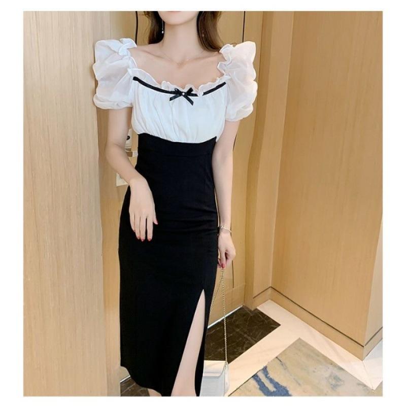 Новое платье-футляр с темпераментом, облегающее, летнее, французское, с контрастной вставкой, юбка-карандаш, юбка с рукавами-фонариками, женская