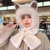 Autumn-Winter Fashion Plush Warm Hat with Fox Ears and Scarf Set for Women, Cute Animal Winter Two-Piece Outfit Plus Neck Warmer