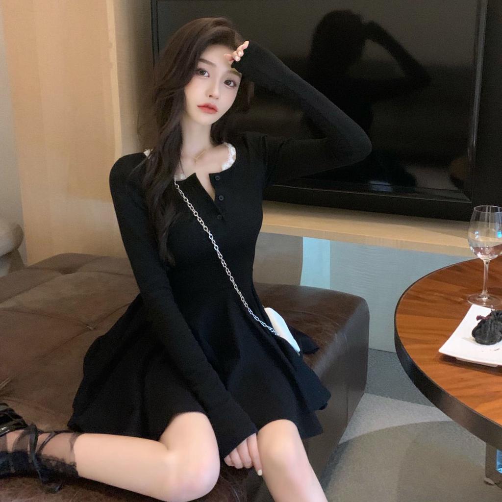 Вязаное черное платье с запахом, женское облегающее платье в корейском стиле, кружевное короткое платье с длинным рукавом, осеннее однотонное платье Kpop