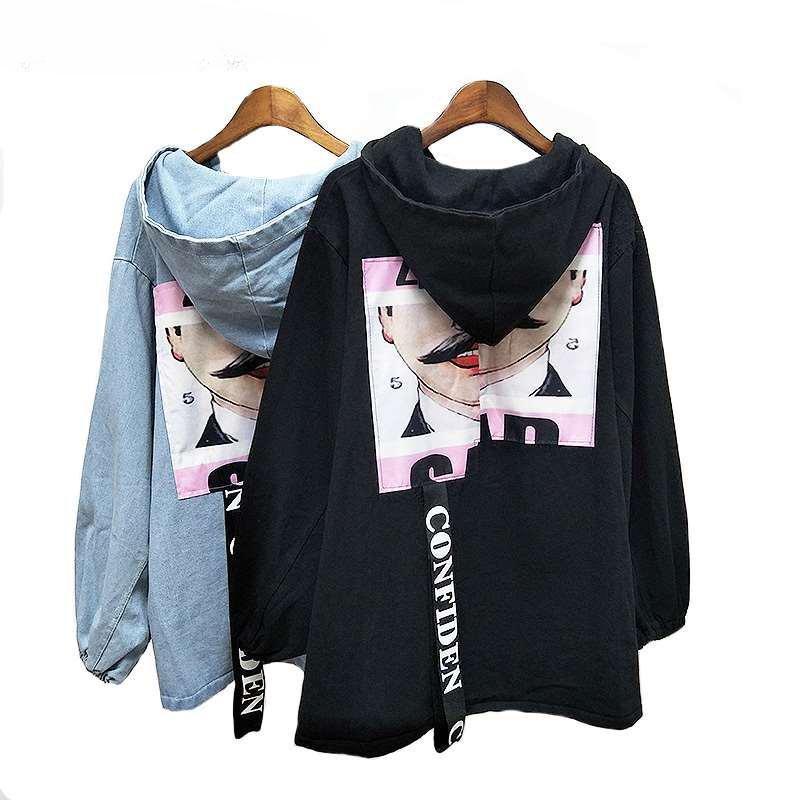 Casual Denim Jacket Women Trendy Print Coat Korean Style Loose Hooded Tops Retro Chic Short Clown Print Jackets Womens Clothing