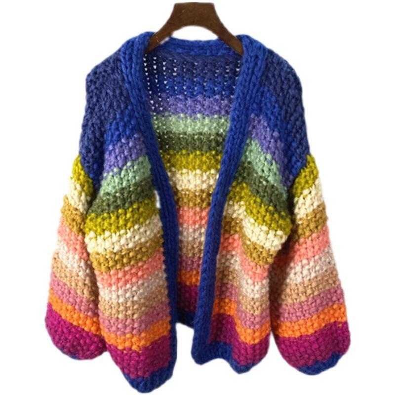 Women's Handmade Chunky Knit Rainbow Stripe Cardigan