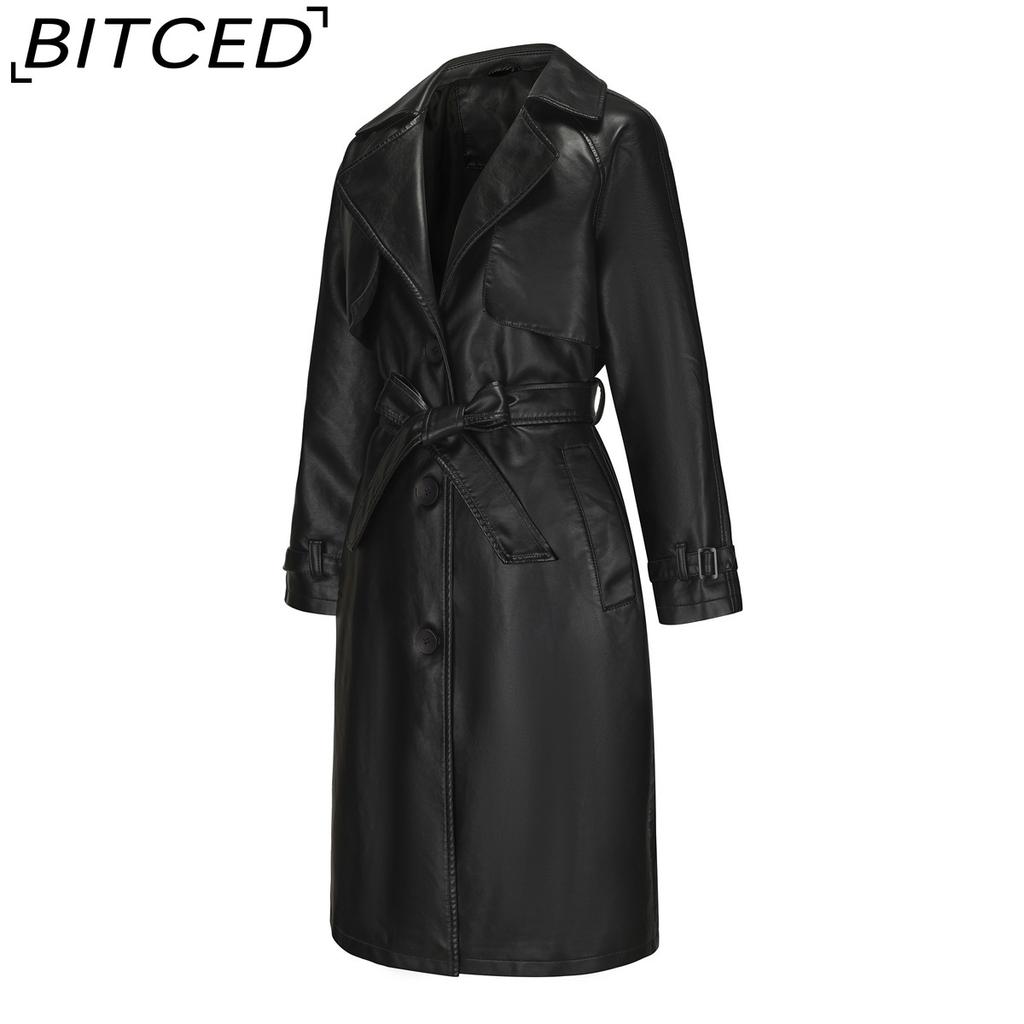 BITCED Spring/Autumn Women's Trench Coat - Long, Loose-Fit Jacket In PU Leather Classic Women's Collared Coat with Belt