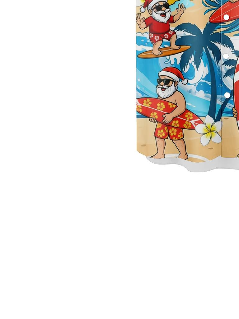 Hawaiian Casual Short-Sleeve Shirt with a Surfing Santa Claus Print