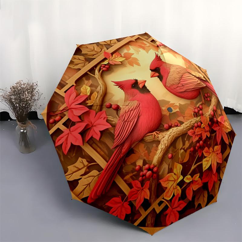 1pc Autumn Cardinals in Wooden Frame Umbrella with Plastic Handle,Suitable for All Seasons Home Travel Outdoor UmbrellaDD107