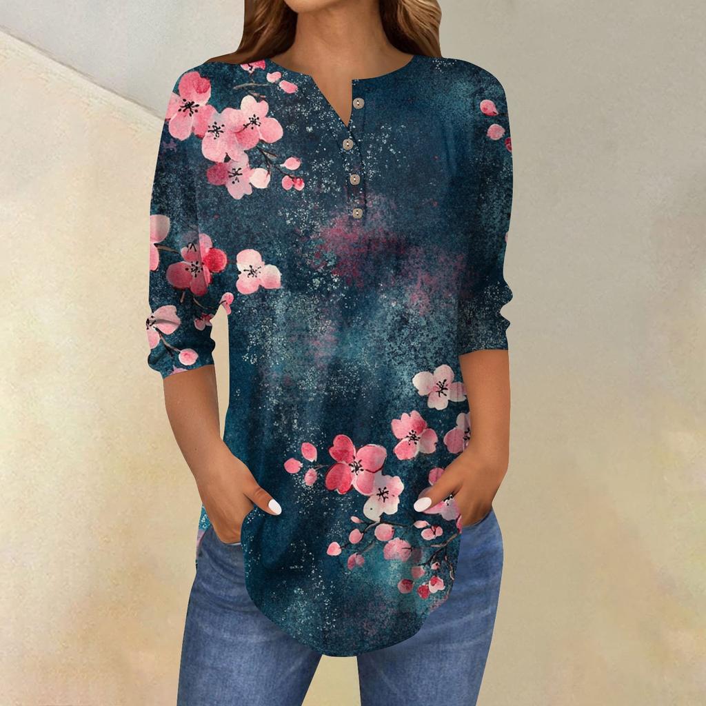 Женская мода свободный воротник на пуговицах с принтом рукав 3/43/4 футболка топы пуловер