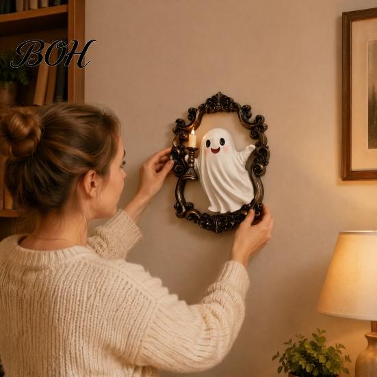 Non Glaring Wall Light Halloween Ghost Lamp, Gothic Resin 3D Frame Art, Retro Vintage Relief Sconce Sculpture with LED Candle for Living Room,